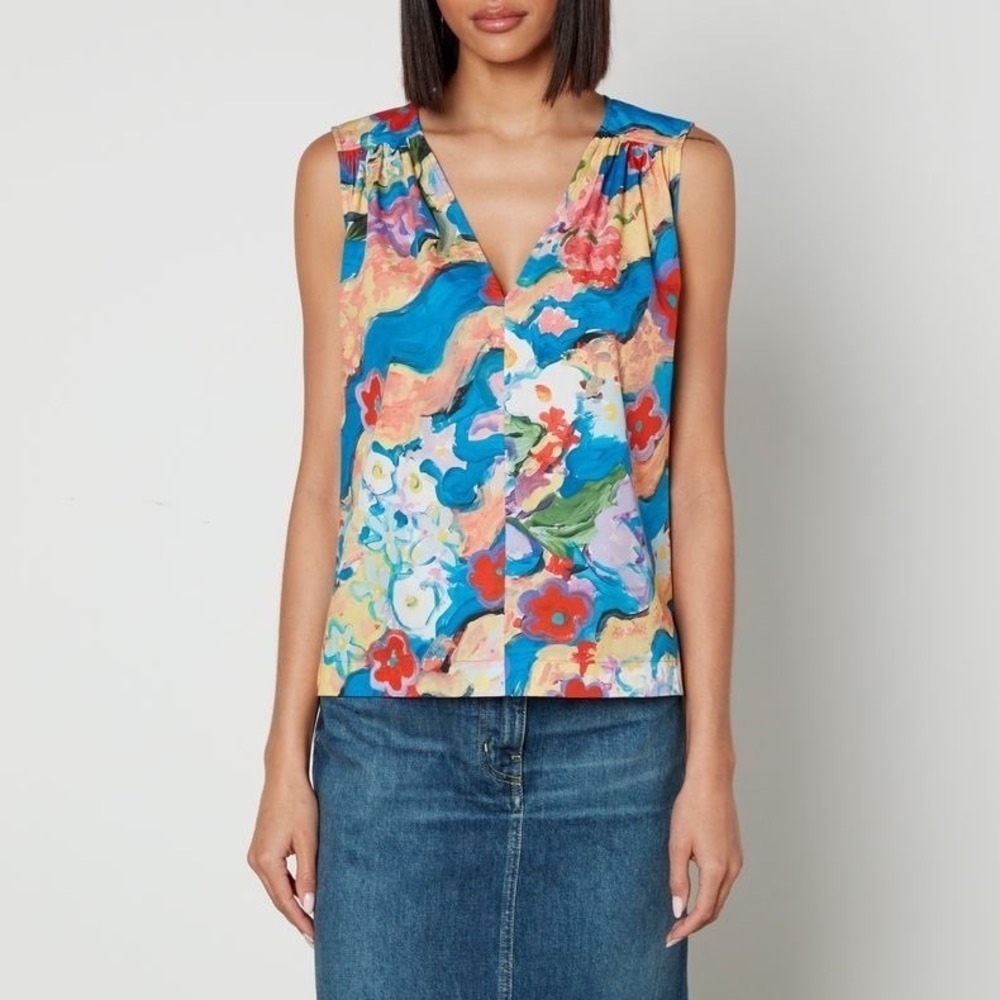 Marni x Flaminia Veronesi Julie Multicolor Floral Cotton V-Neck Blouse Top